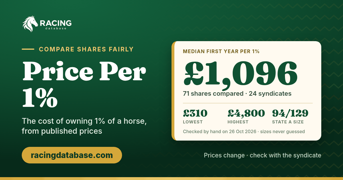 Price Per 1% on RacingDatabase.com: median first year cost of owning 1% of a horse is £1,096 across 71 shares and 24 syndicates, from £310 to £4,800.