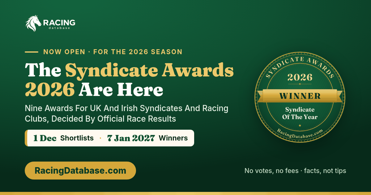 The Syndicate Awards 2026 are here: nine awards for UK and Irish syndicates and racing clubs, decided by official race results. Shortlists 1 Dec, winners 7 Jan 2027. RacingDatabase.com